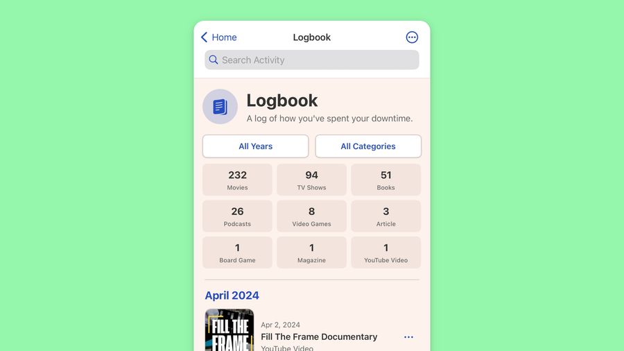 Finer controls for filtering and understanding the things you’ve added to Logbook.