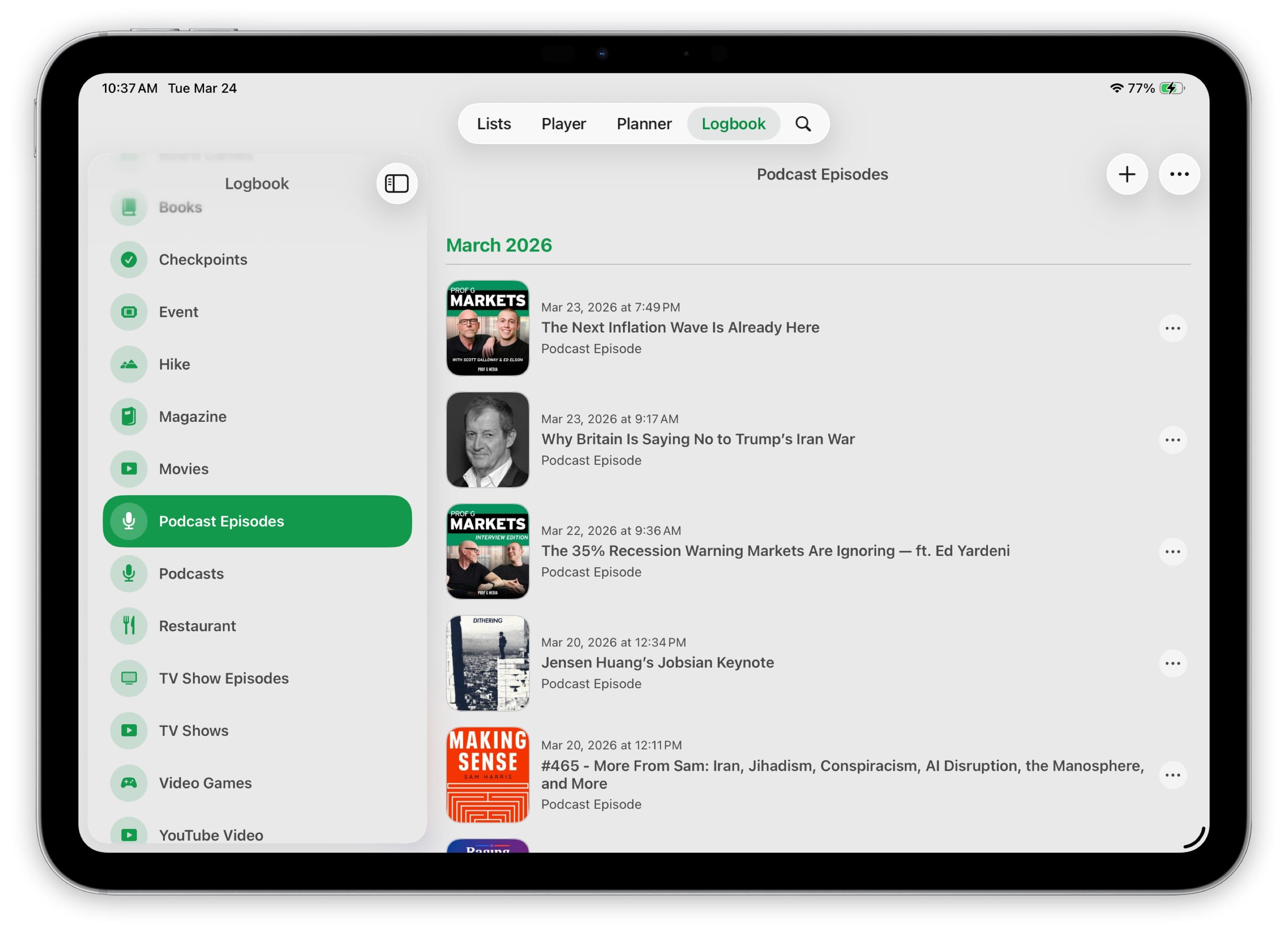 Podcast episodes logged in the Sofa Logbook