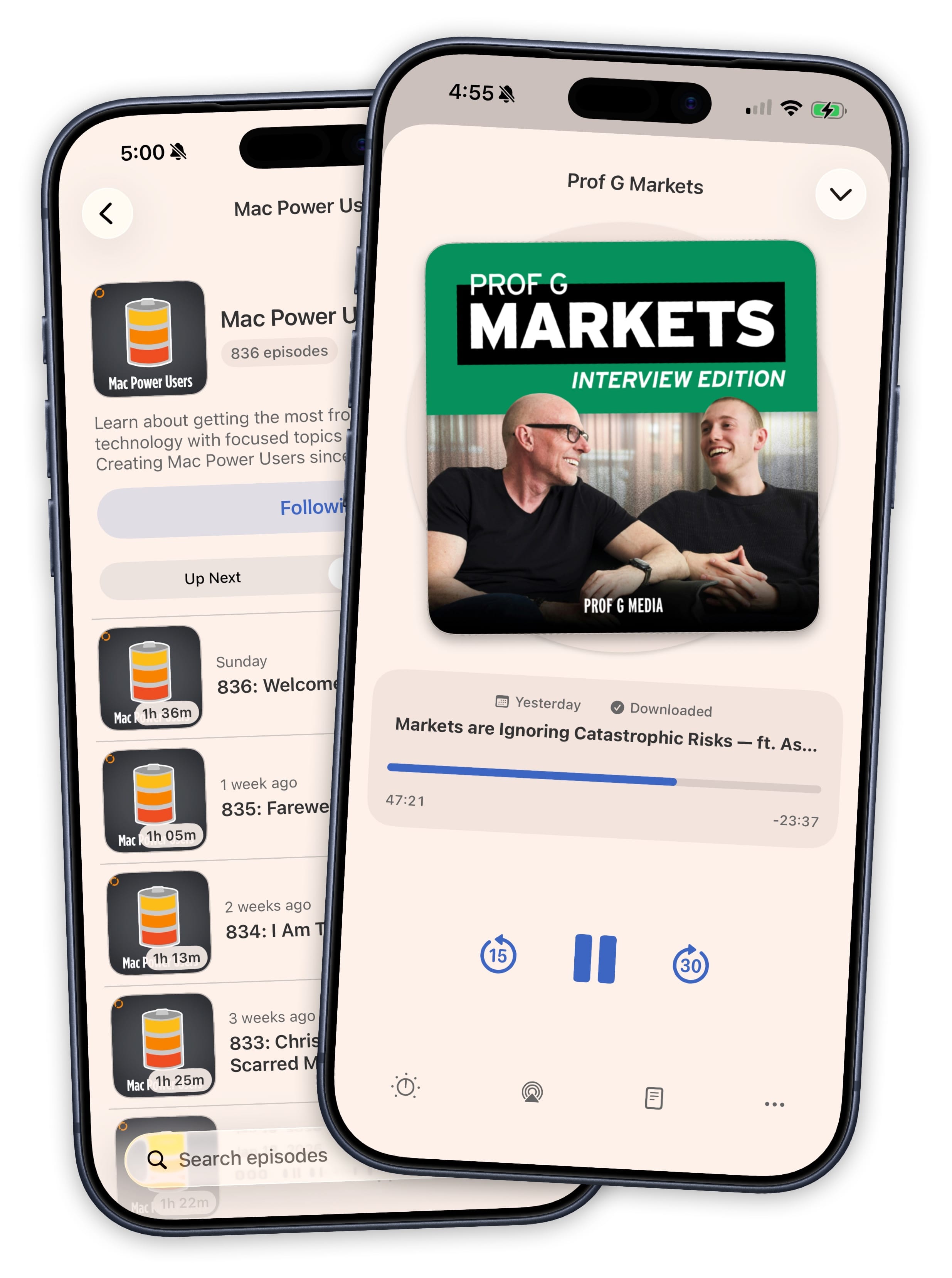Podcast player interface with artwork and controls