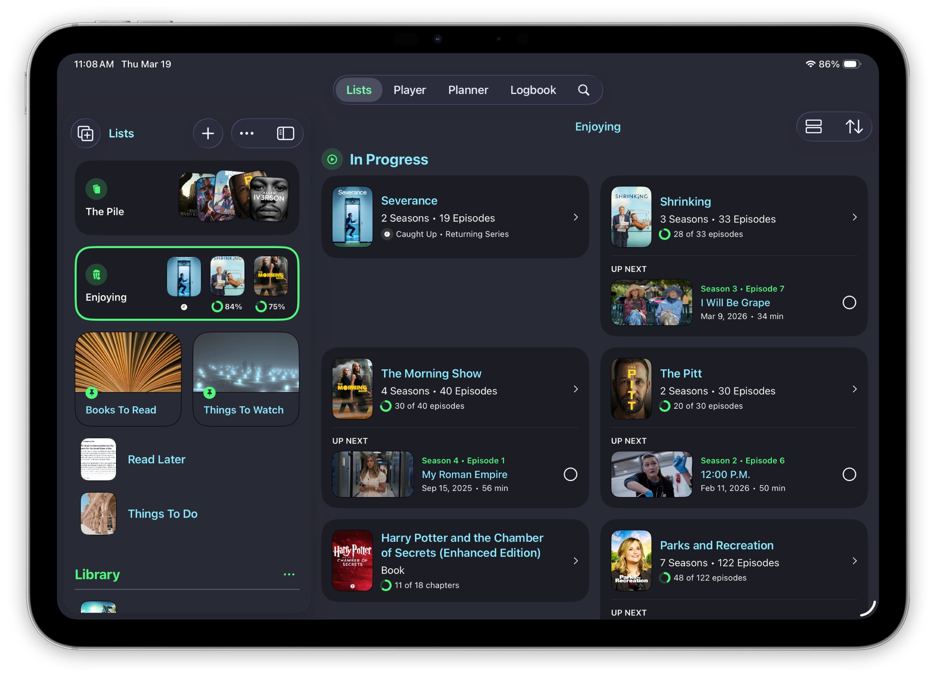 Sofa home screen showing Continue Watching and In Progress sections