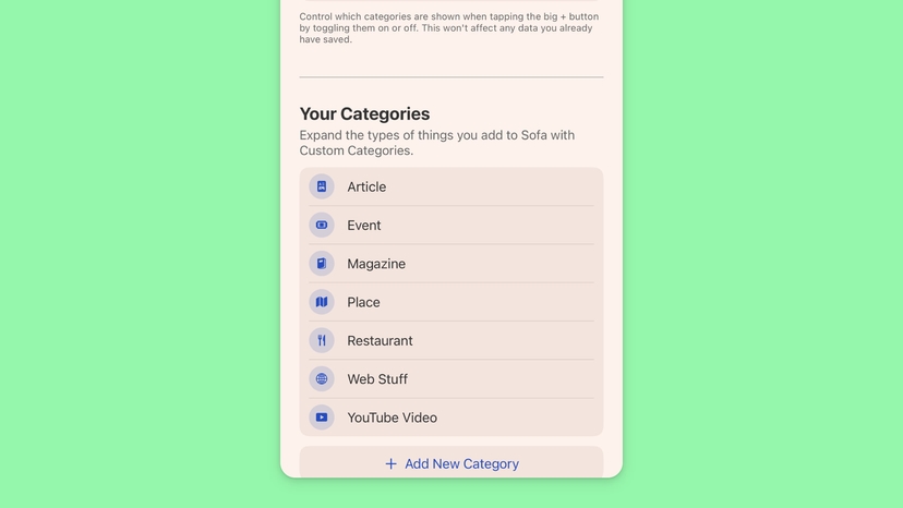 Create categories for anything, like, articles, events, hikes, places to eat, websites, YouTube videos, and more.