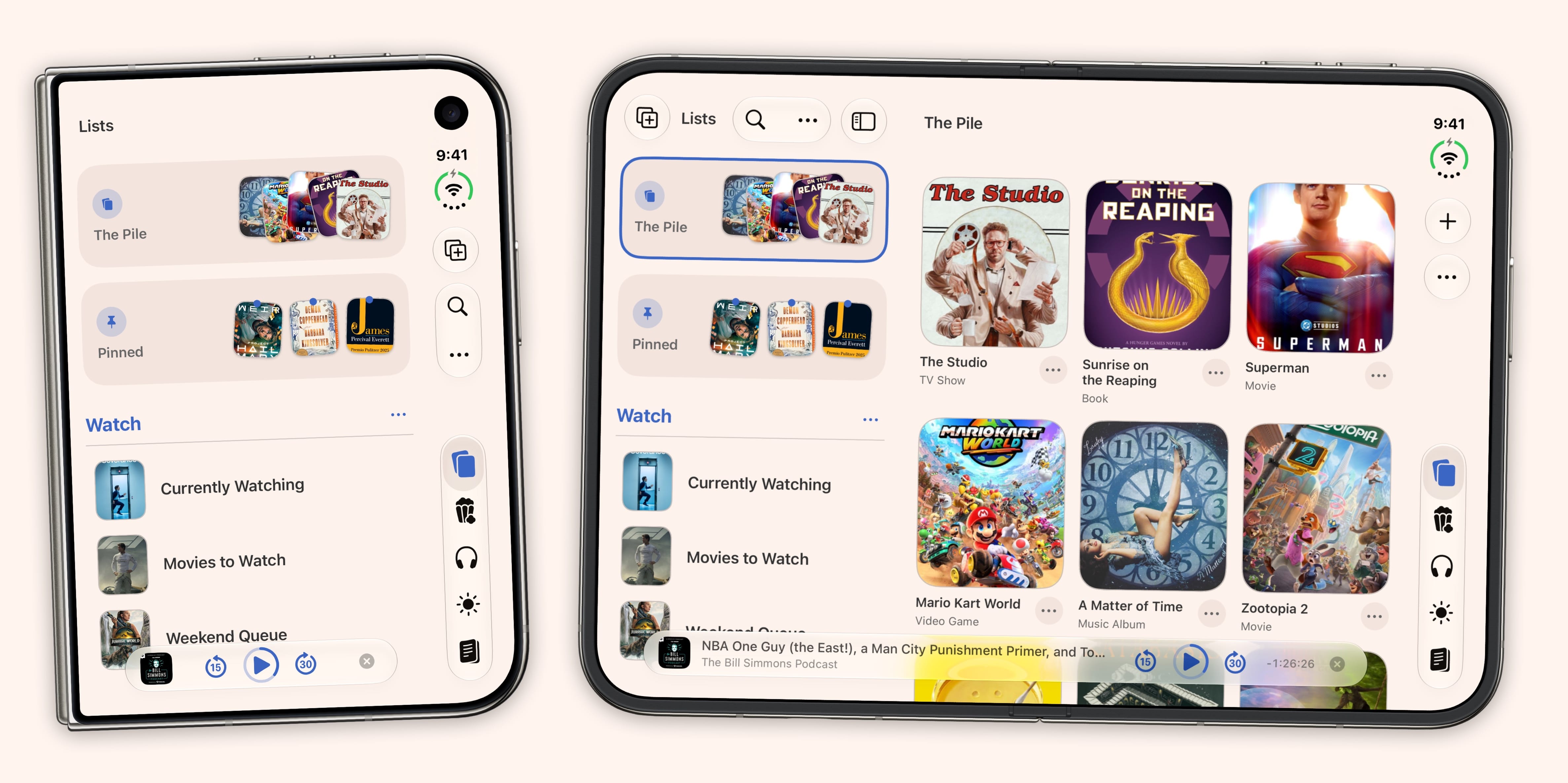 Sofa 5.4 Lists on the iPhone Duo, closed and unfolded into a two-column layout