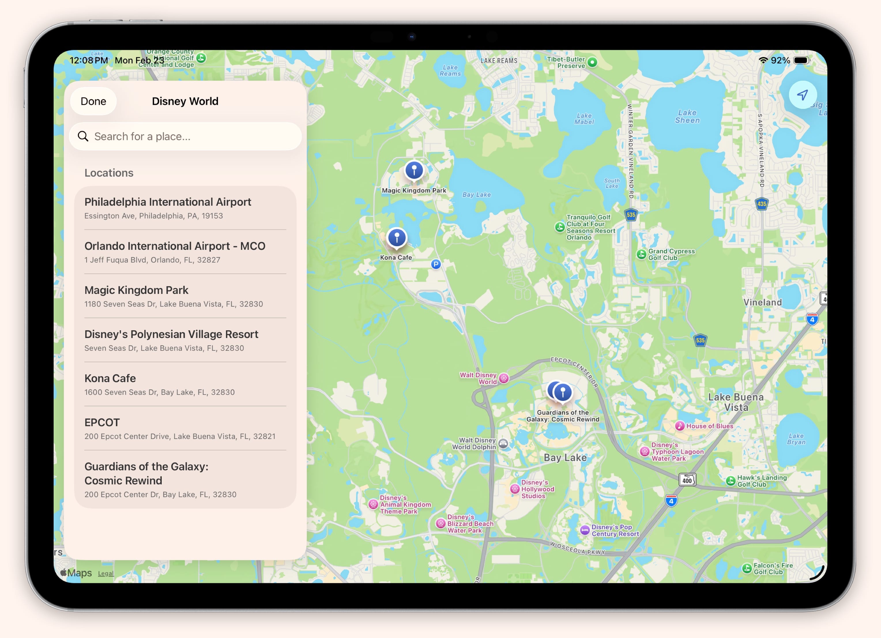 Interactive map view with itinerary locations