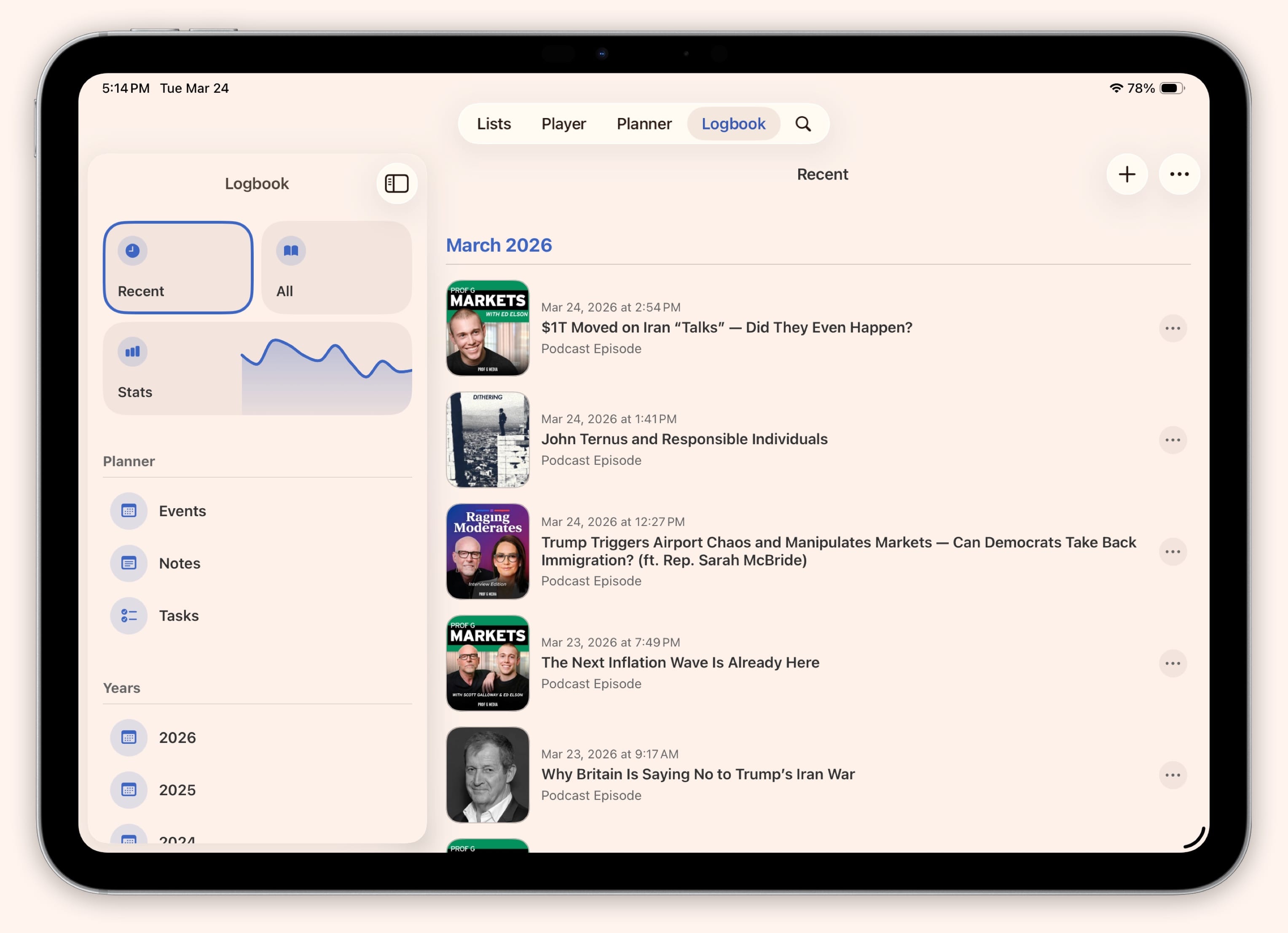 Sofa Logbook showing recent podcast episodes and stats sidebar on iPad